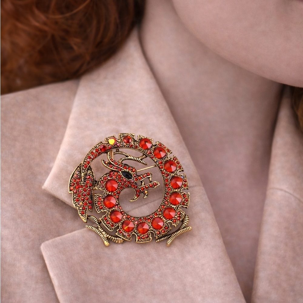 Red Dragon Crystal Gold Brooch
